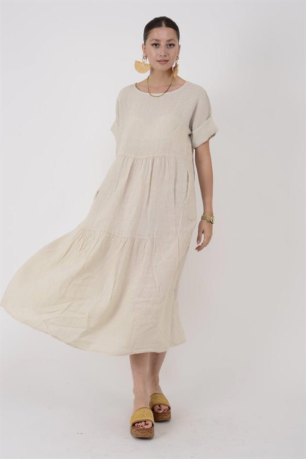 9879 LOVA VOLANLI KETEN ELBİSE