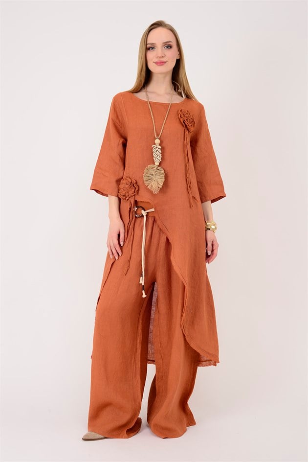 99161 APLİKE ÇİÇEK DETAYLI ASİMETRİK KESİM 2Lİ KETEN TAKIM