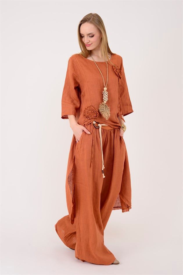 99161 APLİKE ÇİÇEK DETAYLI ASİMETRİK KESİM 2Lİ KETEN TAKIM