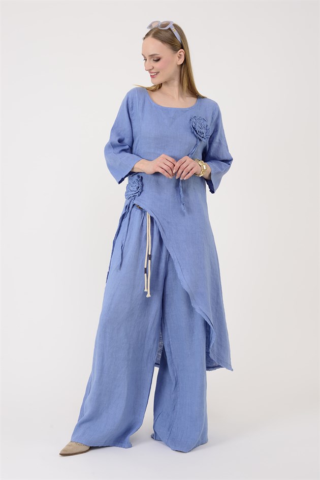 99161 APLİKE ÇİÇEK DETAYLI ASİMETRİK KESİM 2Lİ KETEN TAKIM