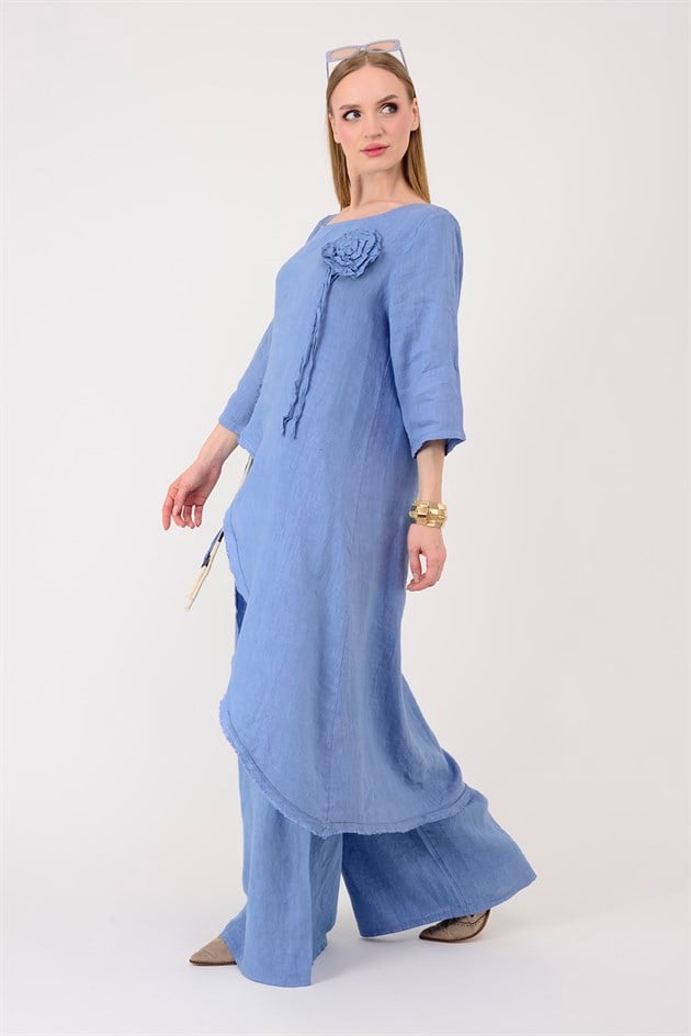 99161 APLİKE ÇİÇEK DETAYLI ASİMETRİK KESİM 2Lİ KETEN TAKIM