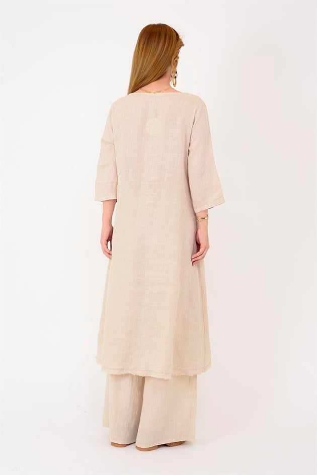 99161 APLİKE ÇİÇEK DETAYLI ASİMETRİK KESİM 2Lİ KETEN TAKIM