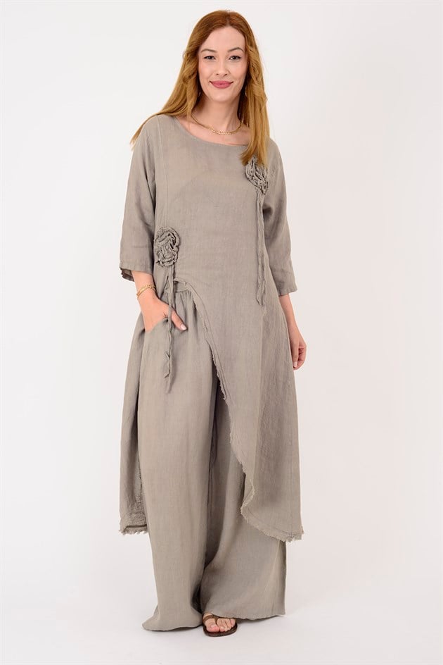 99161 APLİKE ÇİÇEK DETAYLI ASİMETRİK KESİM 2Lİ KETEN TAKIM