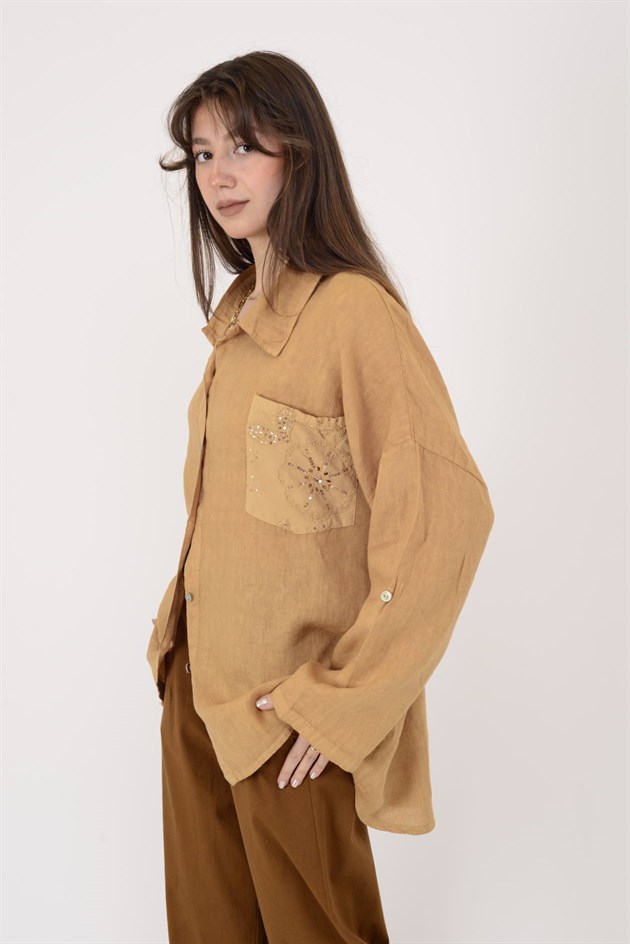 99918 PAYET DETAYLI İŞLEMELİ KETEN GÖMLEK