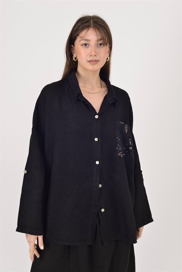 99918 PAYET DETAYLI İŞLEMELİ KETEN GÖMLEK