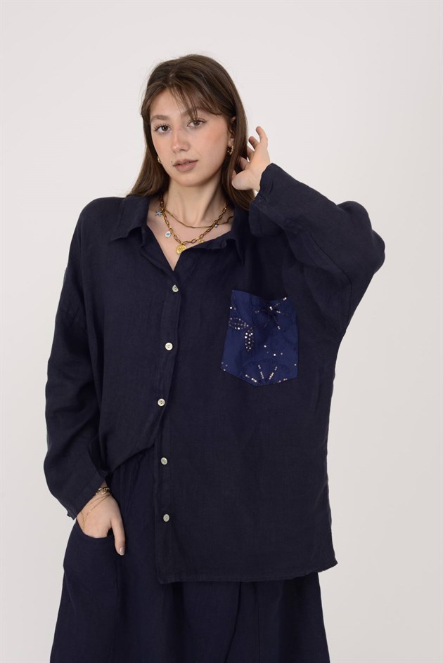 99918 PAYET DETAYLI İŞLEMELİ KETEN GÖMLEK