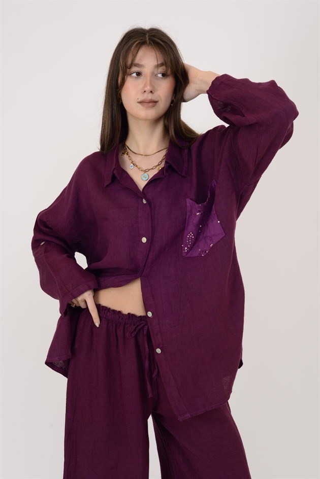 99918 PAYET DETAYLI İŞLEMELİ KETEN GÖMLEK