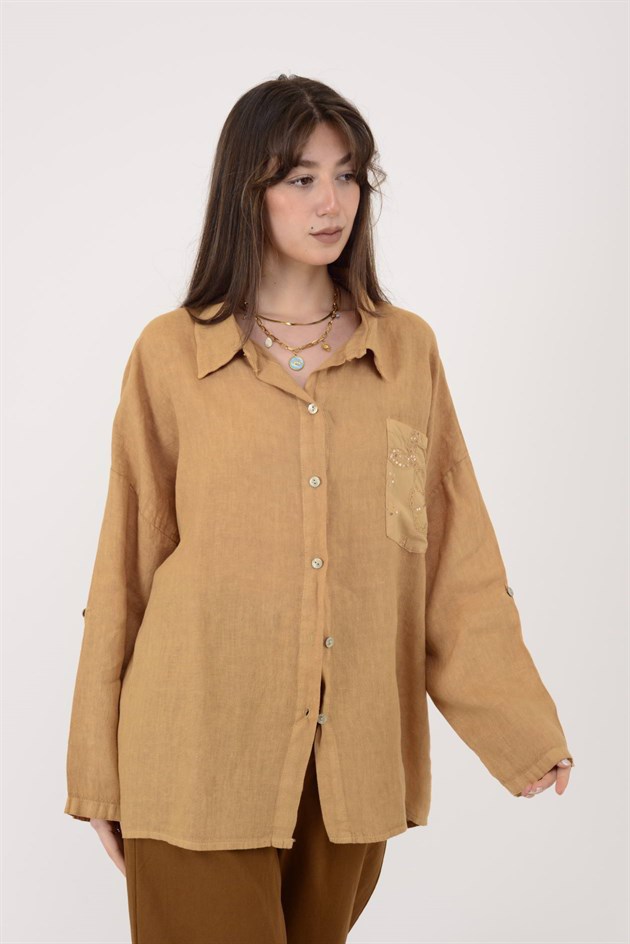 99918 PAYET DETAYLI İŞLEMELİ KETEN GÖMLEK