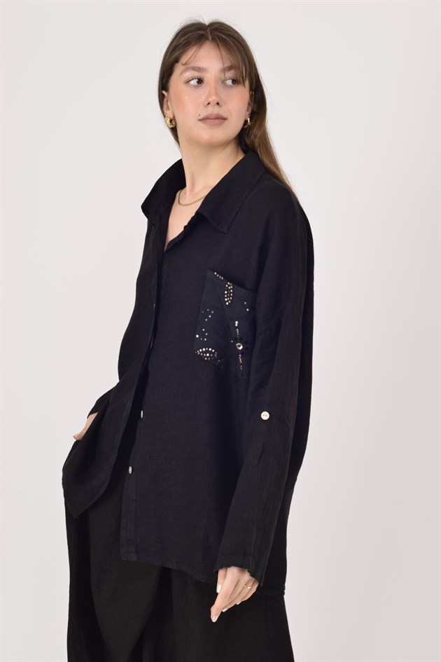 99918 PAYET DETAYLI İŞLEMELİ KETEN GÖMLEK