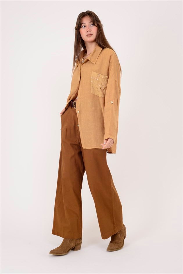 99918 PAYET DETAYLI İŞLEMELİ KETEN GÖMLEK