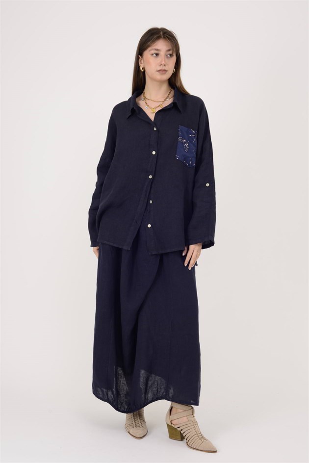 99918 PAYET DETAYLI İŞLEMELİ KETEN GÖMLEK