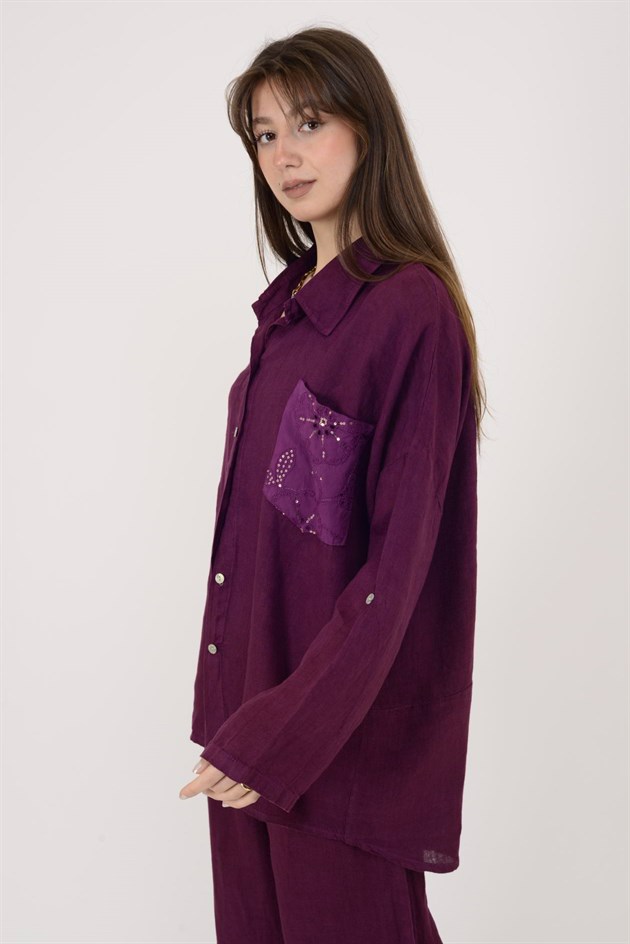 99918 PAYET DETAYLI İŞLEMELİ KETEN GÖMLEK