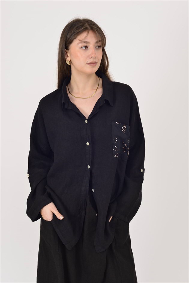 99918 PAYET DETAYLI İŞLEMELİ KETEN GÖMLEK