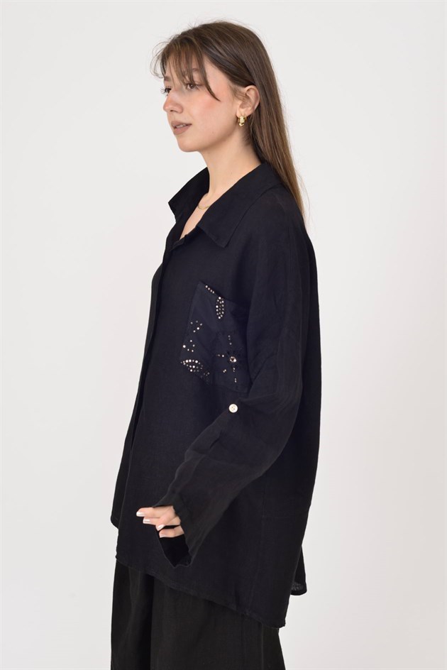 99918 PAYET DETAYLI İŞLEMELİ KETEN GÖMLEK