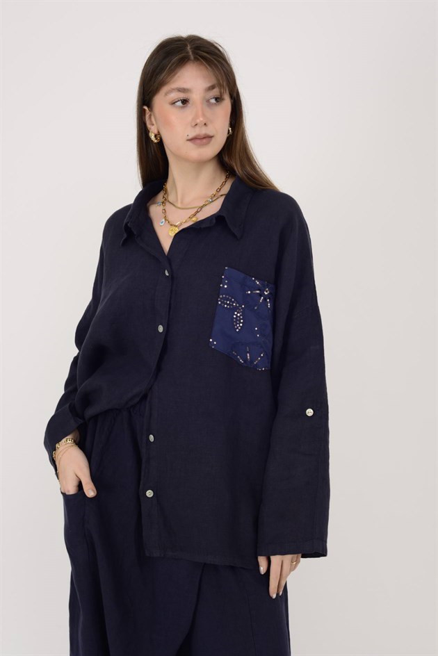 99918 PAYET DETAYLI İŞLEMELİ KETEN GÖMLEK