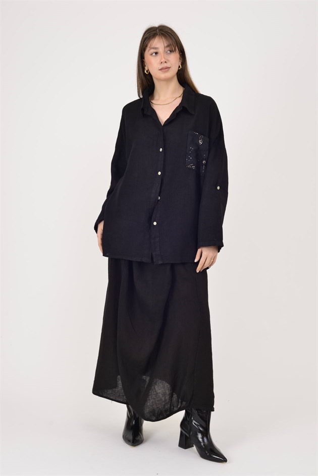 99918 PAYET DETAYLI İŞLEMELİ KETEN GÖMLEK