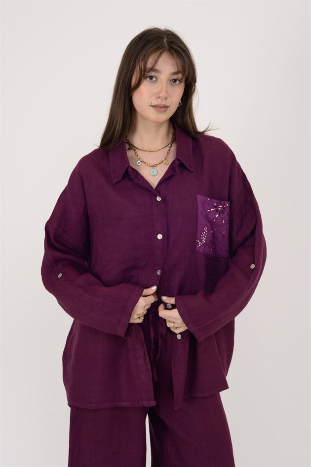 99918 PAYET DETAYLI İŞLEMELİ KETEN GÖMLEK