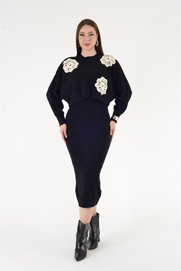 A8046 ÇİÇEK İŞLEMELİ PAYETLİ 2 Lİ TRİKO ELBİSE