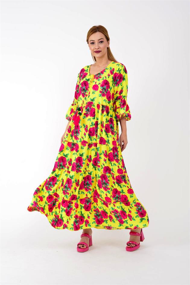 ADN135 GÜL DESEN BOHO ELBİSE