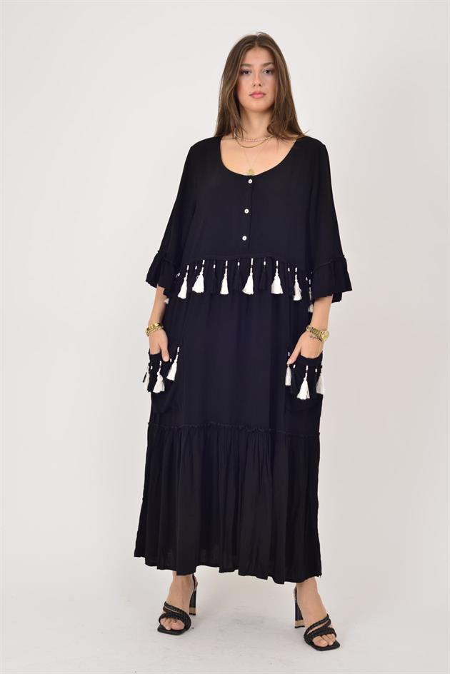 ADN5383 OYA VE PÜSKÜL DETAY BOHO ELBİSE