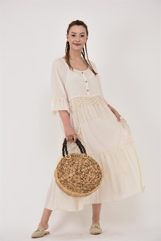 ADN5383 OYA VE PÜSKÜL DETAY HAM BOHO ELBİSE