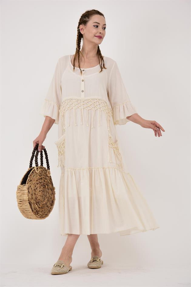 ADN5383 OYA VE PÜSKÜL DETAY HAM BOHO ELBİSE