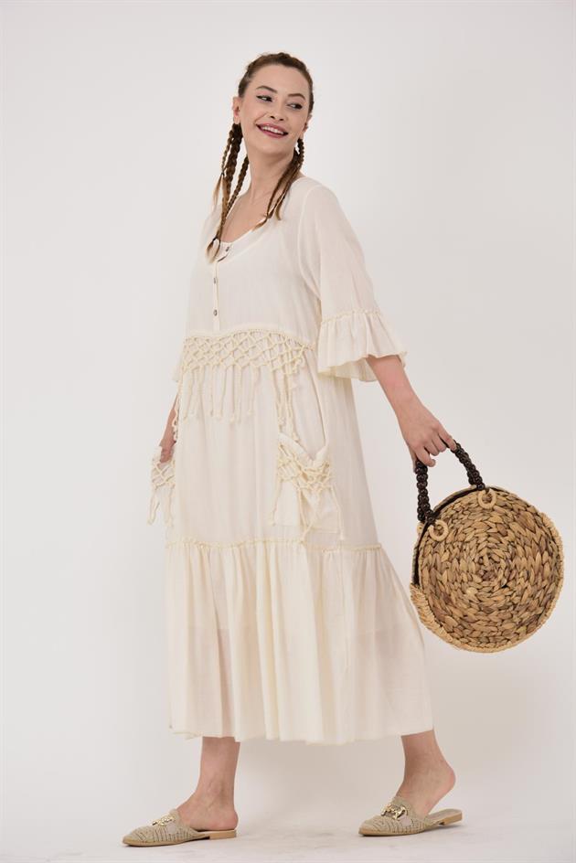 ADN5383 OYA VE PÜSKÜL DETAY HAM BOHO ELBİSE