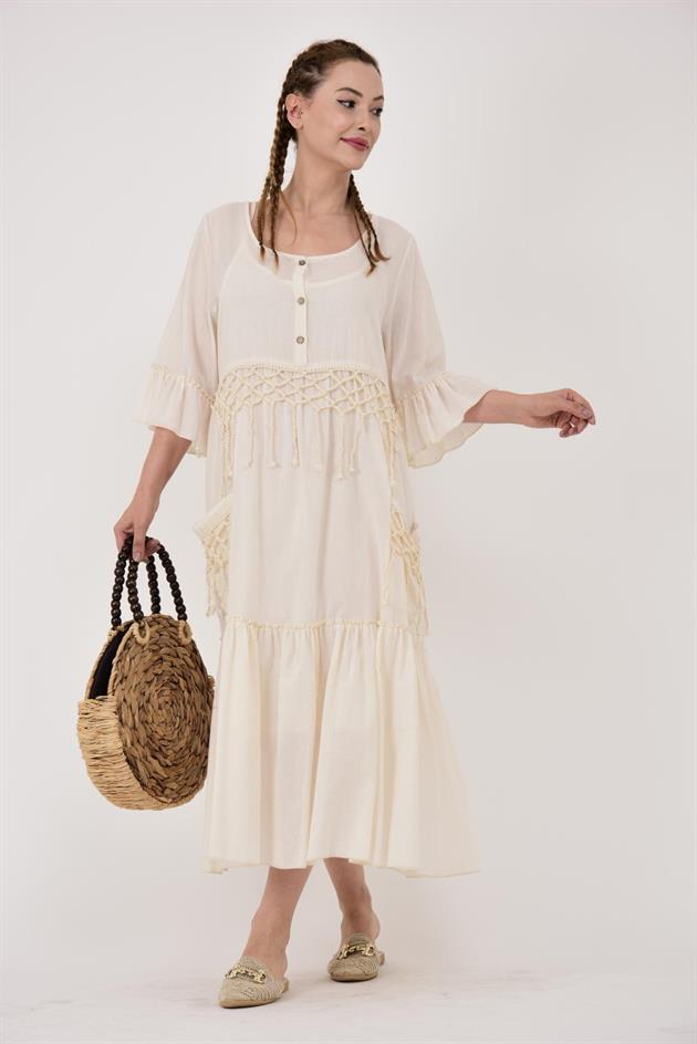 ADN5383 OYA VE PÜSKÜL DETAY HAM BOHO ELBİSE