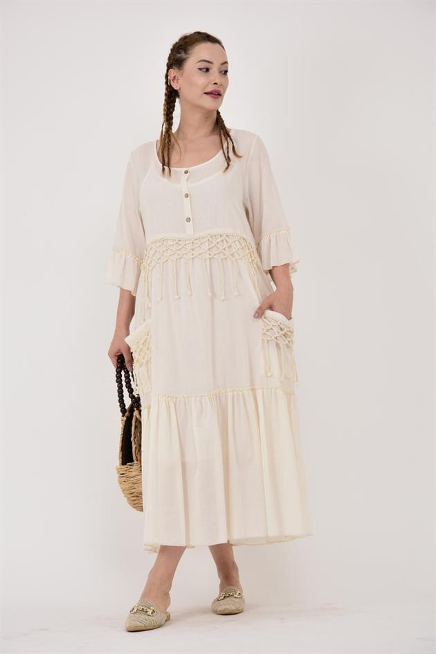 ADN5383 OYA VE PÜSKÜL DETAY HAM BOHO ELBİSE