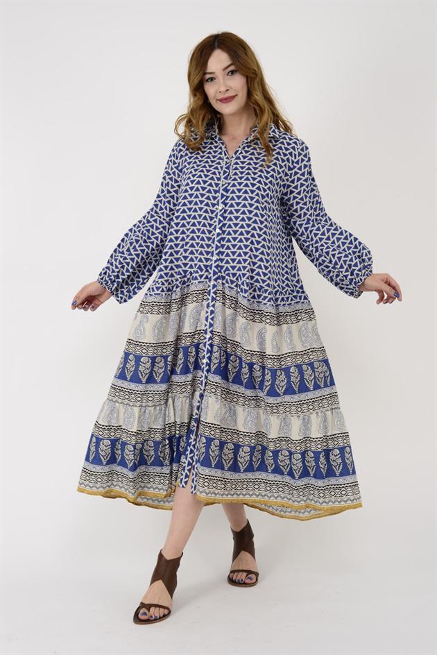 AN10385 MARIN ETNİK DESENLİ GÖMLEK ELBİSE
