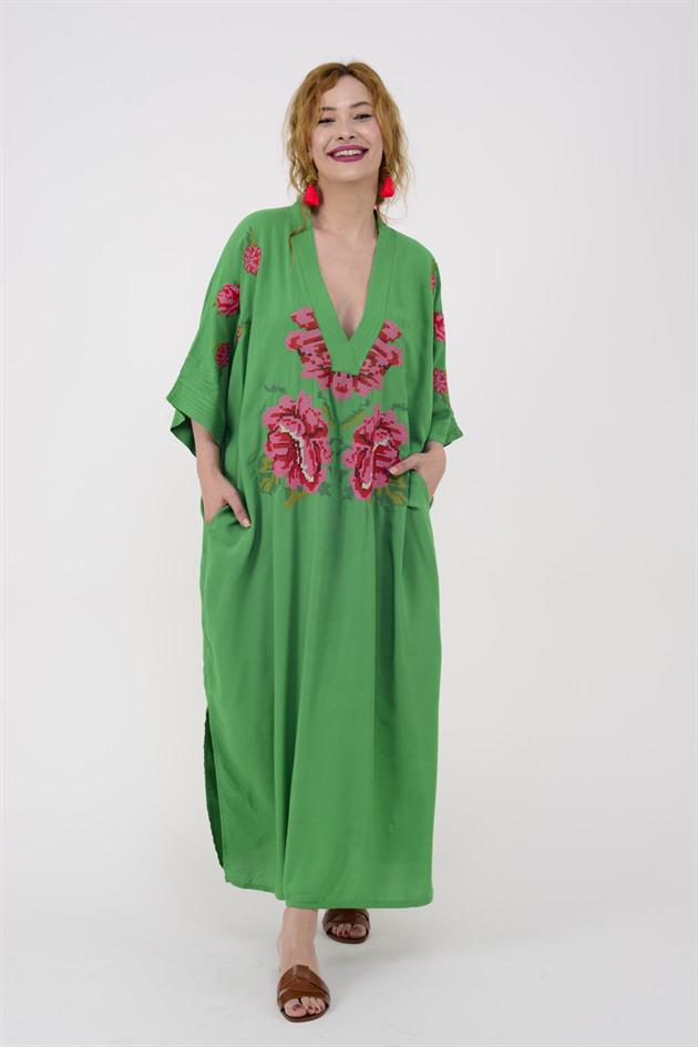 AN10391 GÜL DESEN V YAKA ELBİSE