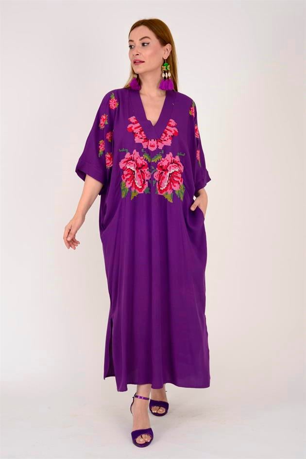 AN10391 GÜL DESEN V YAKA ELBİSE