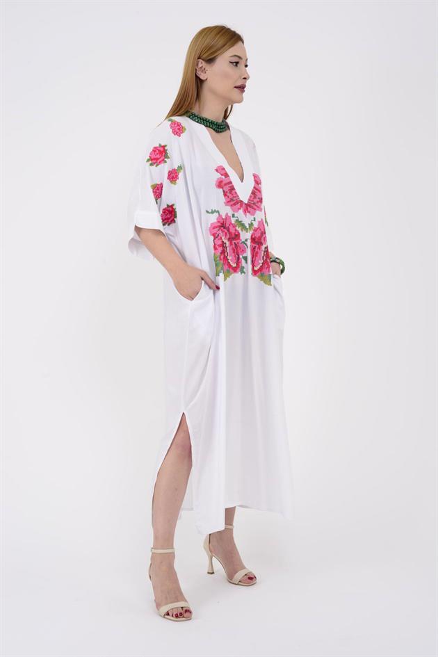 AN10391 GÜL DESEN V YAKA ELBİSE