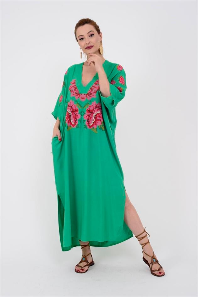 AN10391 GÜL DESEN V YAKA ELBİSE