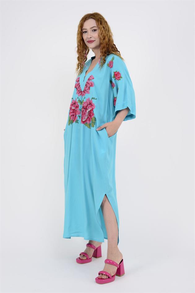 AN10391 GÜL DESEN V YAKA ELBİSE