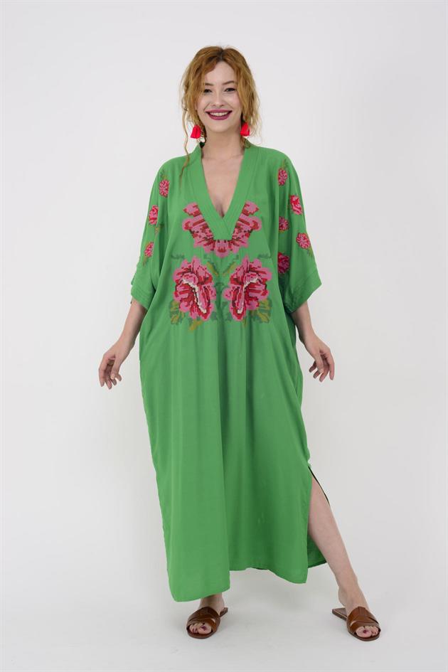 AN10391 GÜL DESEN V YAKA ELBİSE