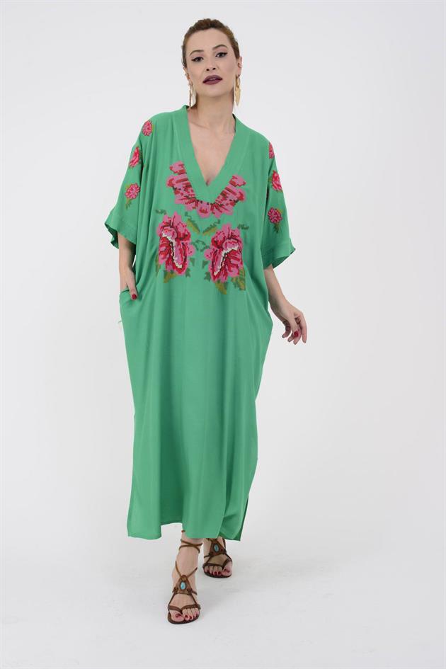 AN10391 GÜL DESEN V YAKA ELBİSE