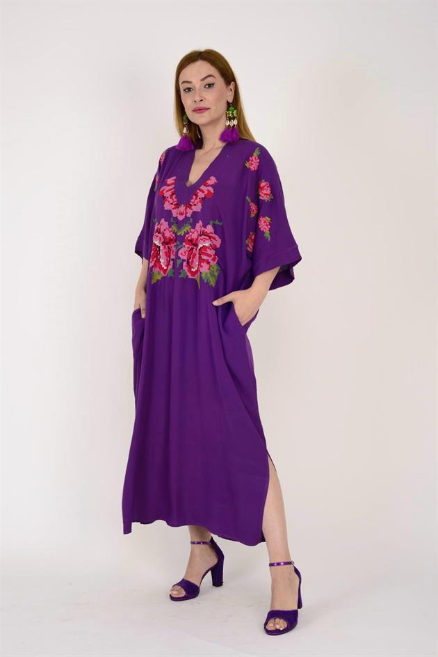 AN10391 GÜL DESEN V YAKA ELBİSE