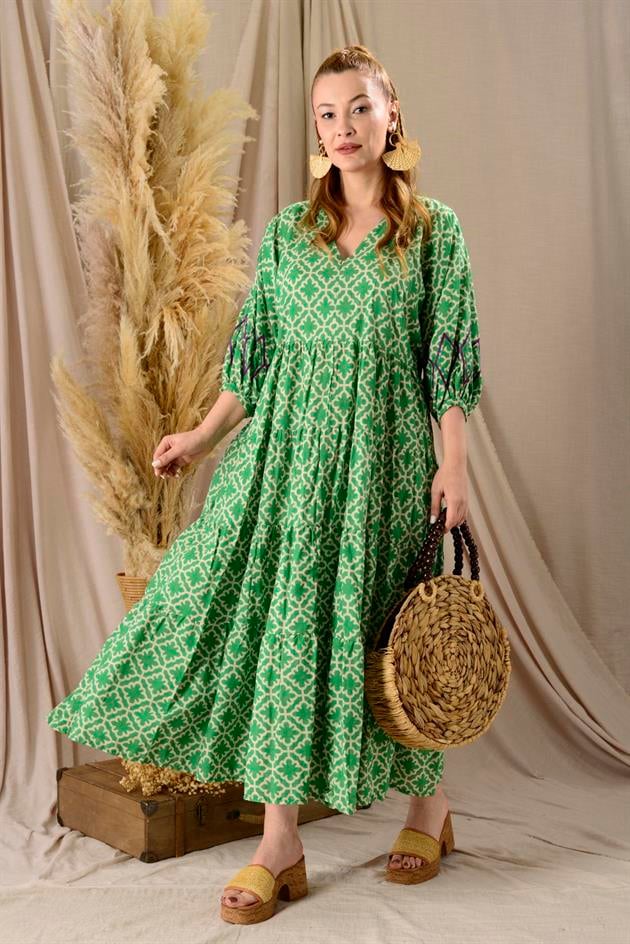 AN10440-1 MARIN NAKIŞ DETAYLI V YAKA ELBİSE