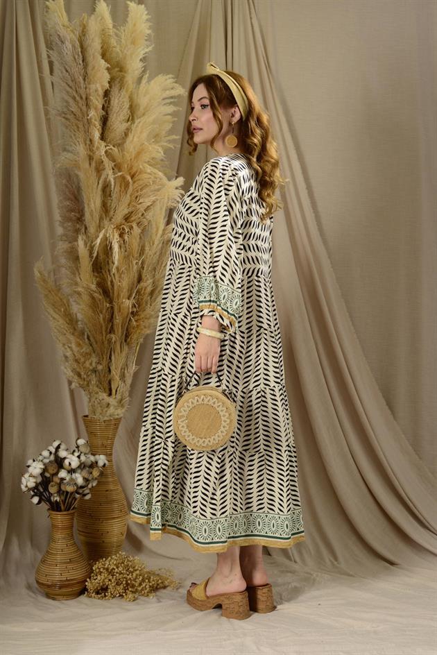 AN10440 ETNİK DESEN BALON KOL ELBİSE