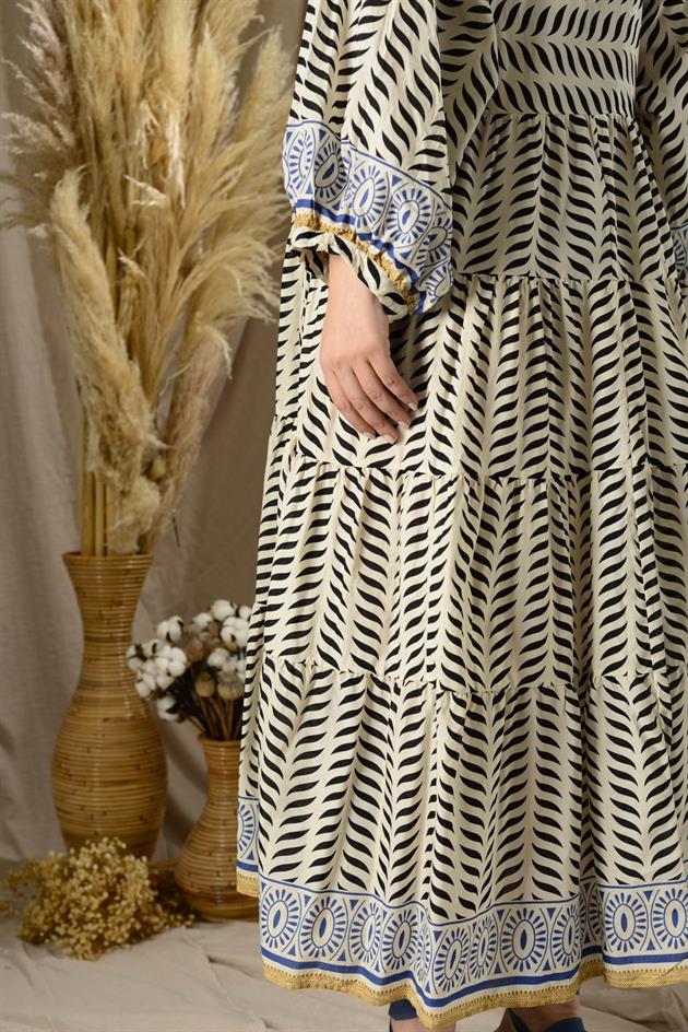 AN10440 ETNİK DESEN BALON KOL ELBİSE