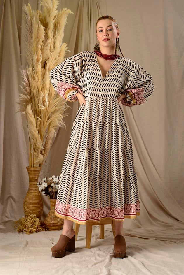 AN10440 ETNİK DESEN BALON KOL ELBİSE