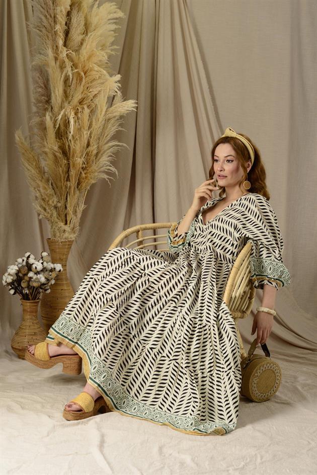 AN10440 ETNİK DESEN BALON KOL ELBİSE