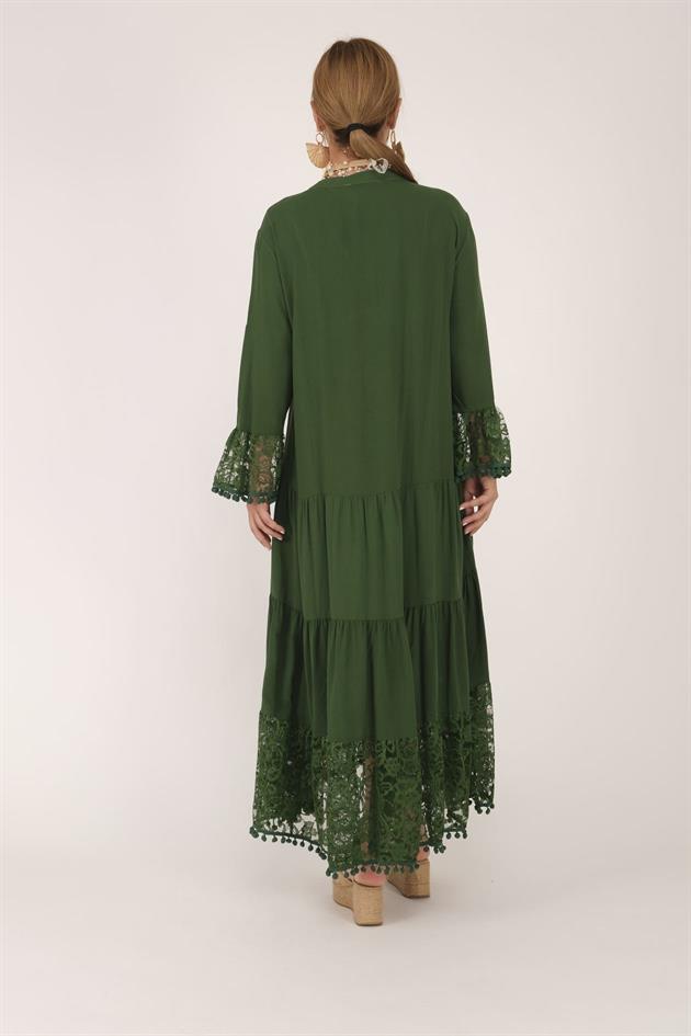AN10459 PONPONLU DANTEL DETAYLI UZUN ELBİSE