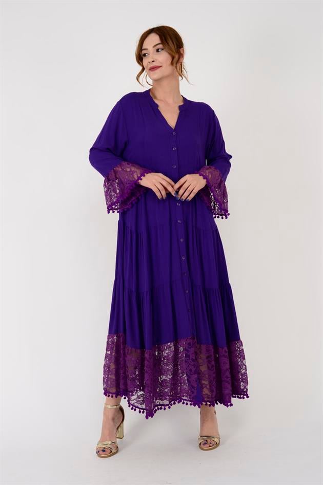 AN10459 PONPONLU DANTEL DETAYLI UZUN ELBİSE