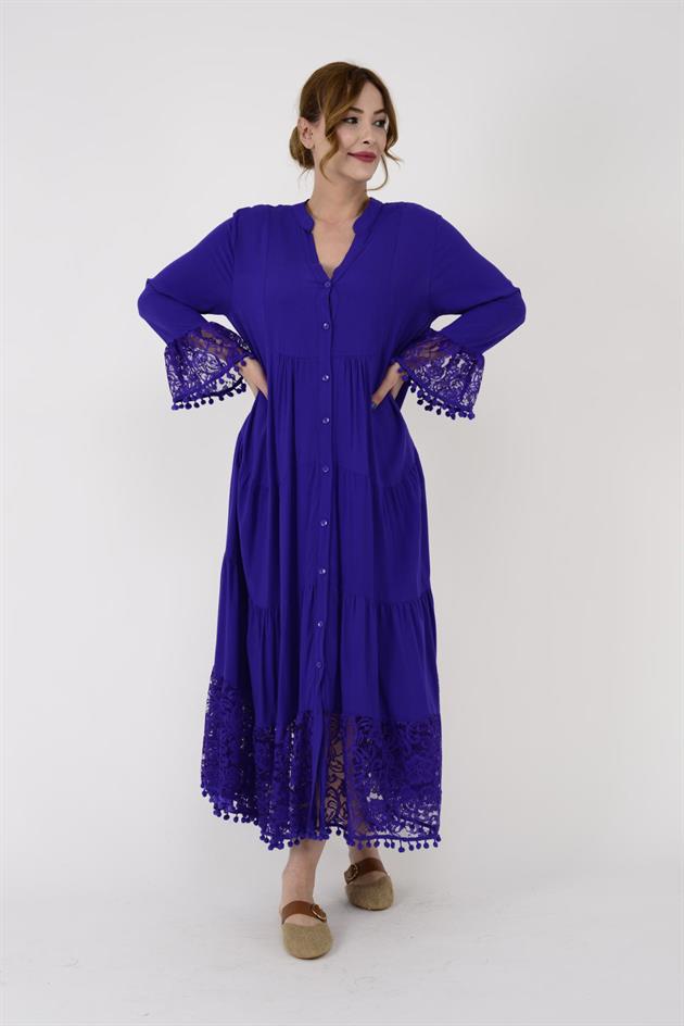 AN10459 PONPONLU DANTEL DETAYLI UZUN ELBİSE