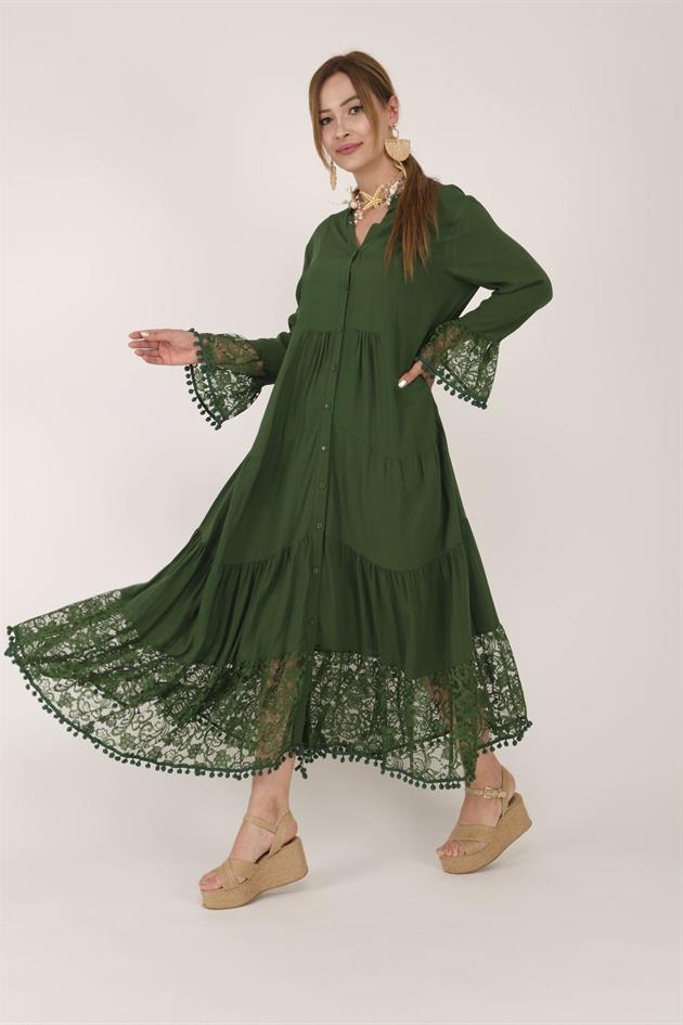 AN10459 PONPONLU DANTEL DETAYLI UZUN ELBİSE