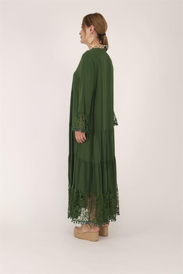 AN10459 PONPONLU DANTEL DETAYLI UZUN ELBİSE