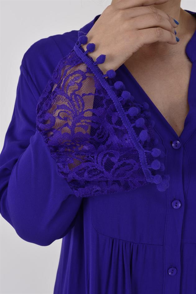 AN10459 PONPONLU DANTEL DETAYLI UZUN ELBİSE