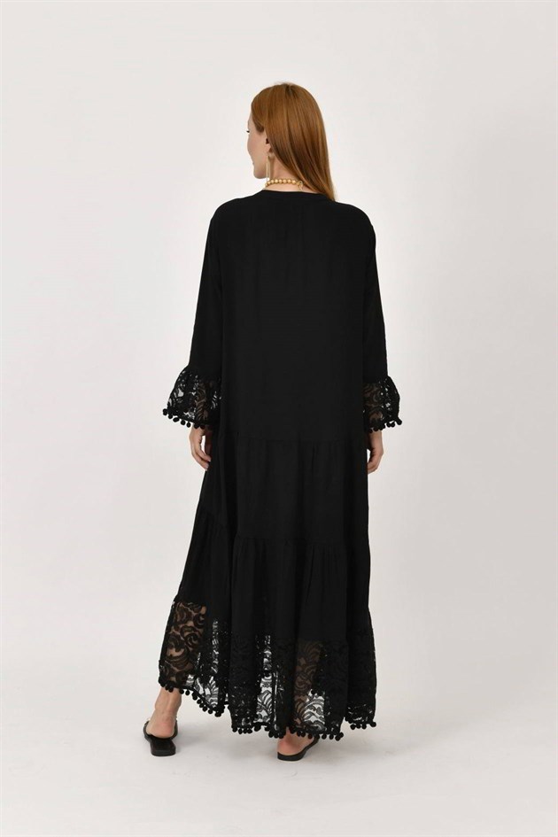AN10459 PONPONLU DANTEL DETAYLI UZUN ELBİSE